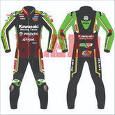 Front and back view of Alex Lowes' 2024 Kawasaki WSBK racing suit. The suit showcases a green, black, and yellow design with Kawasaki Racing Team branding, along with sponsor logos such as Motul, Showa, and Ruby Racing. Features include protective knee sliders and aerodynamic enhancements for high-performance racing