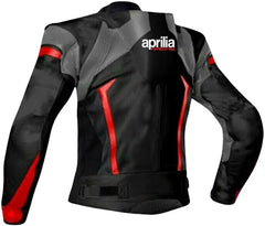 Back View of Aprilia Racing Leather Motorcycle Jacket – Black leather motorcycle jacket accented with red and grey, highlighting the iconic Aprilia Racing logo on the back.