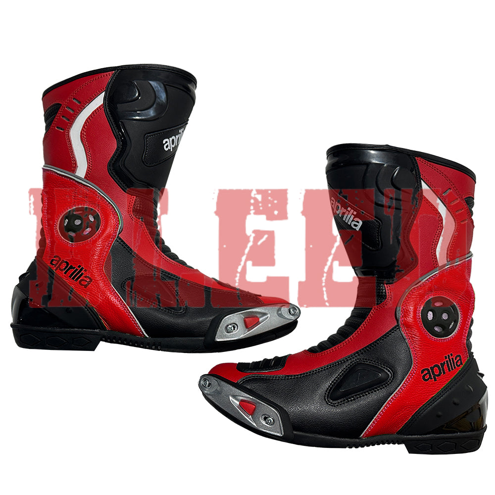 Side view of Aprilia men red and black motorbike leather boots featuring full-grain leather, protective TPU sliders, and anti-slip racing soles for motorcycle riders.