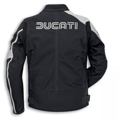Back view of Ducati 77 men's motorcycle leather jacket featuring large Ducati logo and contrast shoulder and sleeve panels