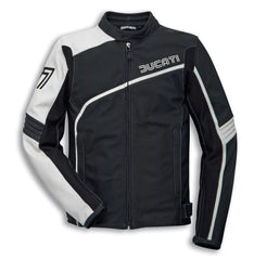 Front view of Ducati 77 men's motorbike leather biker jacket with black and white panels, diagonal chest stripe, and Ducati branding on chest and collar