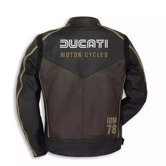 Back view of Ducati IOM 78 biker jacket with Ducati Motor Cycles text and IOM 78 branding on lower back panel