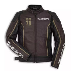 Front view of Ducati IOM 78 motorcycle leather jacket featuring olive green detailing, zip closure, and Ducati logo on chest and sleeves
