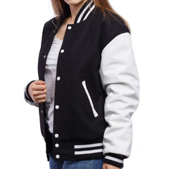 Women Black White Varsity Jacket-4