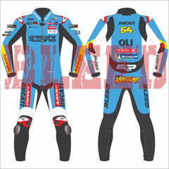 Fermin Aldeguer Ducati Gresini MotoGP 2025 race suit in blue and black with sponsor logos, premium leather motorcycle racing suit front and back view.