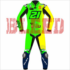 Franco Morbidelli's 2025 MotoGP racing suit, worn during the Barcelona winter test. The suit features a sleek design with the number 21 prominently displayed on the chest and back. It includes sponsor logos from Michelin and Bleed, and protective padding on the knees and elbows. The suit is predominantly neon green and yellow with black accents, and the brand name 'Bleed' is visible on the arms and legs.