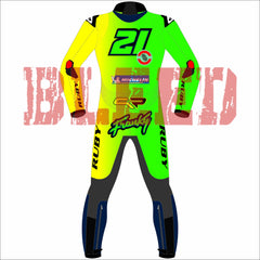 Franco Morbidelli's 2025 MotoGP racing suit, worn during the Barcelona winter test. The suit features a sleek design with the number 21 prominently displayed on the chest and back. It includes sponsor logos from Michelin and Bleed, and protective padding on the knees and elbows. The suit is predominantly neon green and yellow with black accents, and the brand name 'Bleed' is visible on the arms and legs.