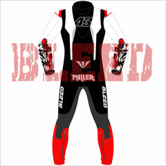 Rear view of Jack Miller Yamaha MotoGP 2025 test race suit featuring bold BLEED branding on the legs, number 43 on the back, rider name 'Miller' on the waist, and intricate arm graphics – high-performance motorcycle suit.