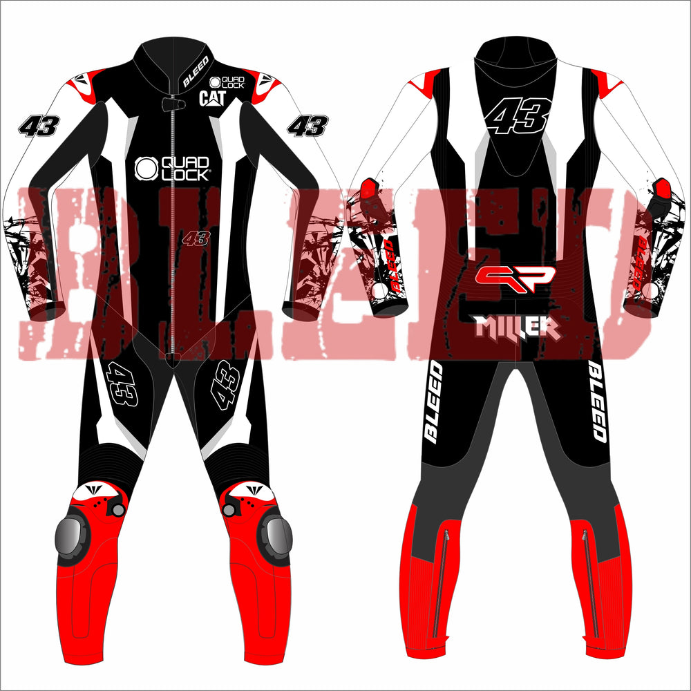 front and back view of Jack Miller’s Yamaha MotoGP 2025 leather test race suit with sponsor logos, number 43, BLEED branding, and red knee sliders – premium custom racing gear.