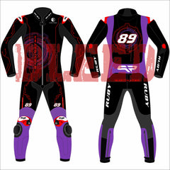 A front and back view of Jorge Martin's 2025 MotoGP racing suit, showcased during the Barcelona winter test. The suit boasts a bold design combining blue, white, and red, complemented by black accents. The number 89 is prominently positioned on both the chest and back. Various sponsor logos are featured, including Pramac Racing and Ducati. The suit is equipped with protective padding on the knees and elbows, along with additional branding on the arms and legs.