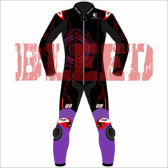 Front view of Jorge Martin's 2025 MotoGP racing suit, showcased during the Barcelona winter test. The suit boasts a bold design combining blue, white, and red, complemented by black accents. The number 89 is prominently positioned on both the chest and back. Various sponsor logos are featured, including Pramac Racing and Ducati. The suit is equipped with protective padding on the knees and elbows, along with additional branding on the arms and legs. Its design embodies a sleek, contemporary