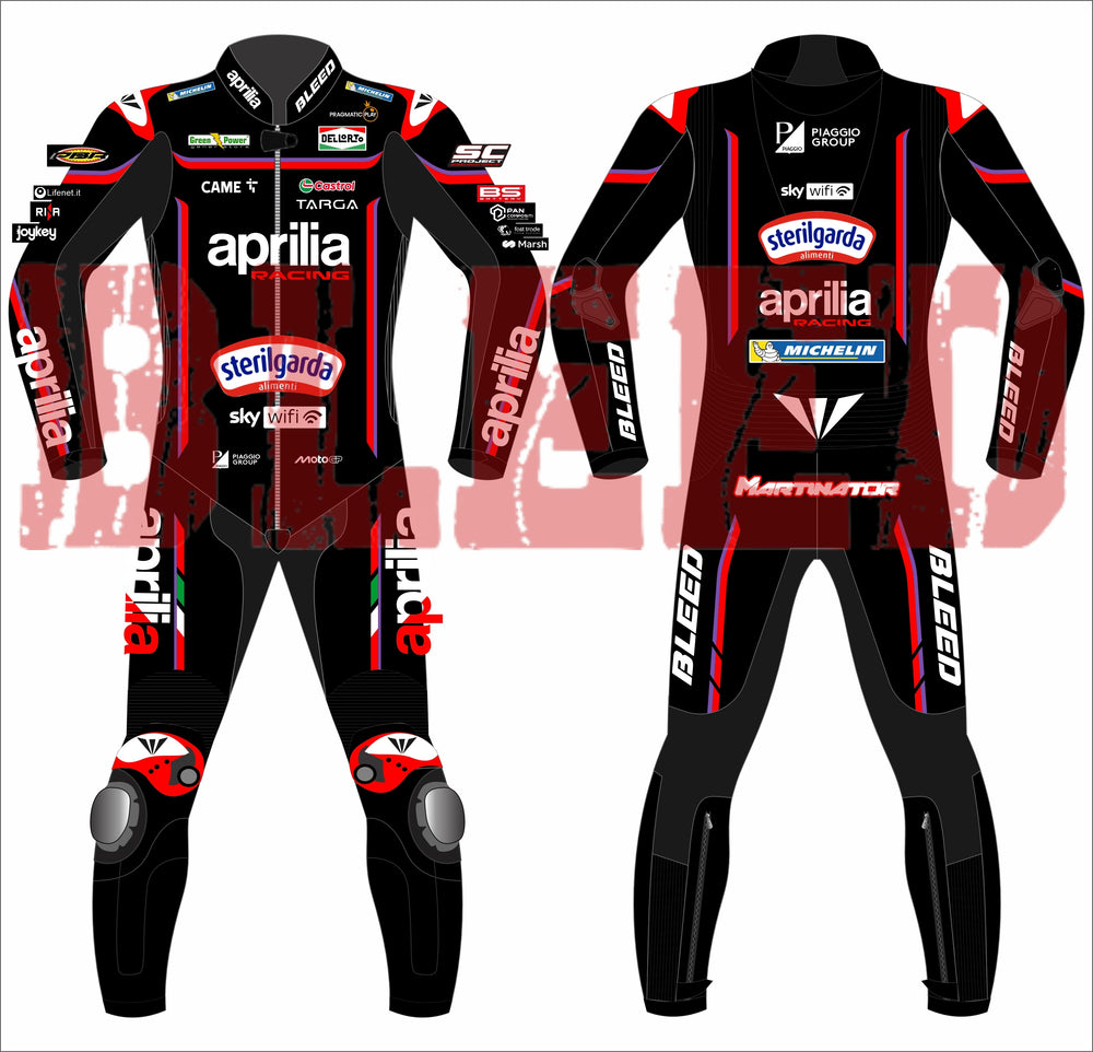 Front and back display of Jorge Martin's 2025 Aprilia MotoGP race suit by BLEED, highlighting red-and-black leather panels, full sponsor branding including Sterilgarda, Aprilia, Piaggio Group, and Michelin. Features bold BLEED logos and MARTINATOR name on the lower back.