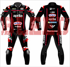 Front and back display of Jorge Martin's 2025 Aprilia MotoGP race suit by BLEED, highlighting red-and-black leather panels, full sponsor branding including Sterilgarda, Aprilia, Piaggio Group, and Michelin. Features bold BLEED logos and MARTINATOR name on the lower back.