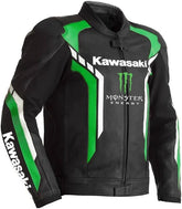 Men's Kawasaki Monster Energy Ninja leather motorcycle jacket, black and green premium racing gear with Kawasaki logo and Monster Energy design.