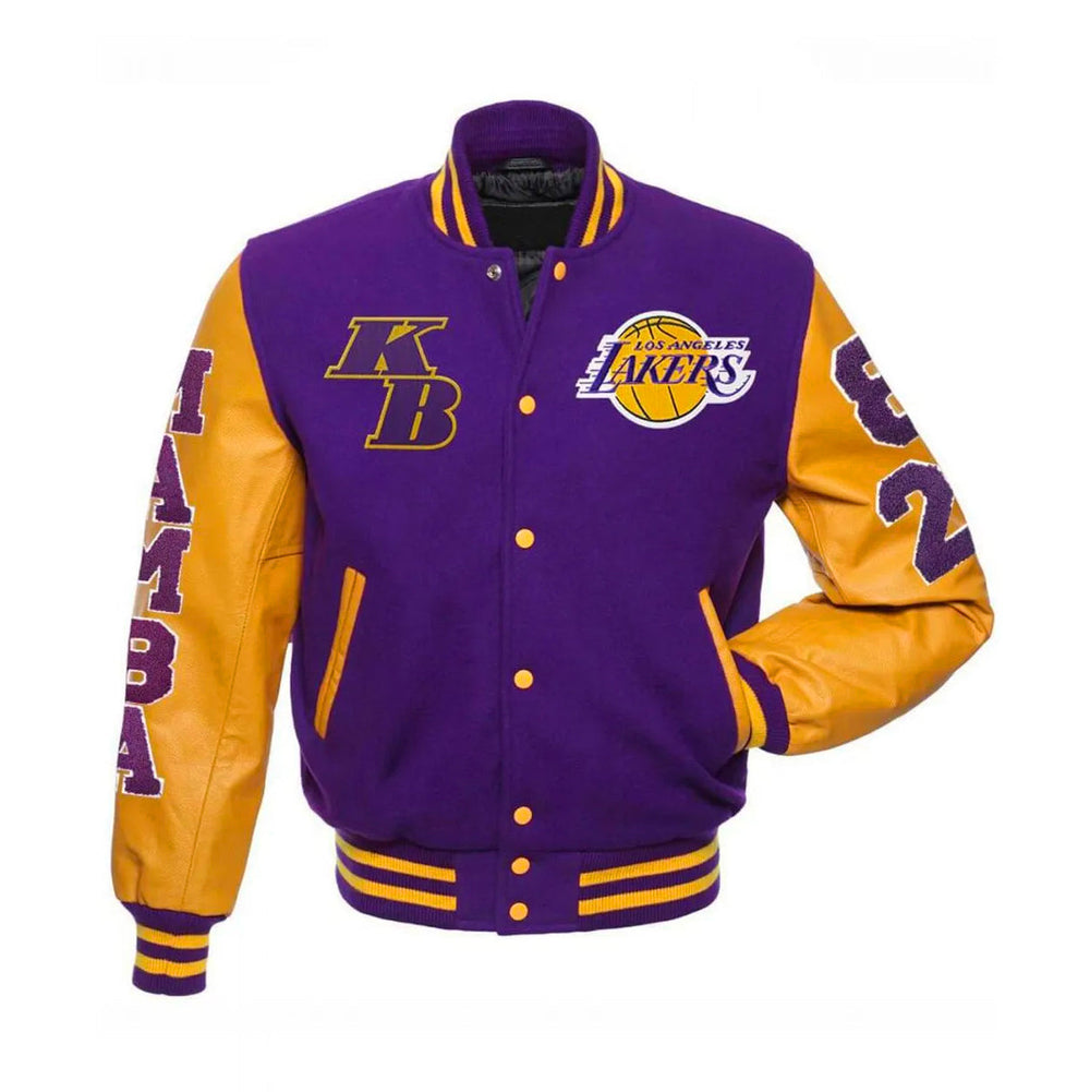 A letterman varsity jacket with a purple body and yellow leather sleeves, featuring the Los Angeles Lakers basketball team logo and the number 24.