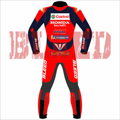Rear view of the 2025 Luca Marini Honda Castrol MotoGP race suit by BLEED, in red and navy leather with HRC, Castrol, and Michelin sponsor logos, bold BLEED branding on arms and legs, and MARINI name patch on the lower back.