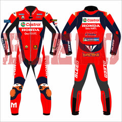 Complete front and back view of Luca Marini’s 2025 Honda Castrol MotoGP race suit in red and black, showing sponsor logos from Honda, Castrol, VR46, and Michelin, BLEED branding on sleeves and legs, armored knees, and MARINI label on the lower back.