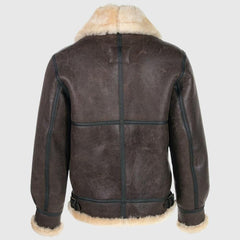 Mens Shearling Aviator Real Sheepskin Brown Leather Aviator Jacket Back