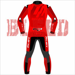 Back view of Marc Marquez 2025 Barcelona Winter Test MotoGP Racing Suit, showcasing red leather, the Ducati logo, number 93, and bold design patterns.