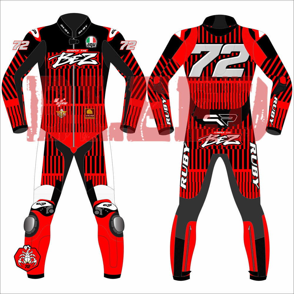 Front and rear view of the Marco Bezzecchi 2025 Barcelona Winter Test MotoGP Racing Suit, featuring striking red and black graphics, number 72, and protective knee sliders.