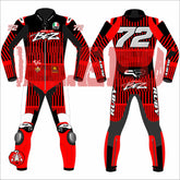 Front and rear view of the Marco Bezzecchi 2025 Barcelona Winter Test MotoGP Racing Suit, featuring striking red and black graphics, number 72, and protective knee sliders.