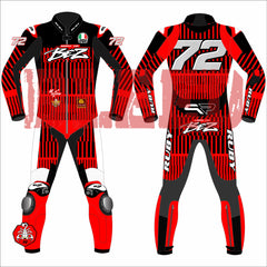 Front and rear view of the Marco Bezzecchi 2025 Barcelona Winter Test MotoGP Racing Suit, featuring striking red and black graphics, number 72, and protective knee sliders.