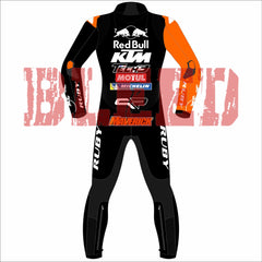 Back view of Maverick Viñales 2025 Barcelona Winter Test MotoGP Racing Suit, highlighting bold red and orange graphics with protective knee sliders.