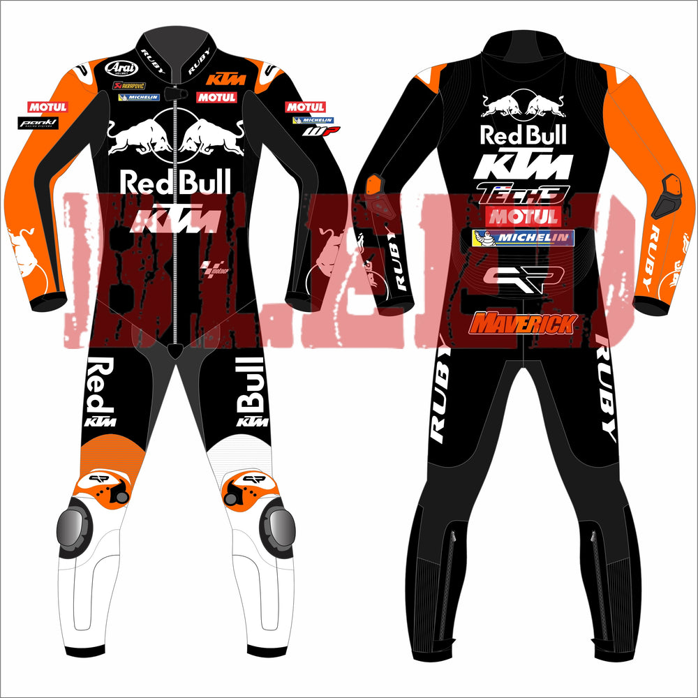 Front and back view of Maverick Viñales 2025 Barcelona Winter Test MotoGP Racing Suit, showcasing bold red and orange graphics with protective knee sliders