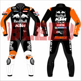 Front and back view of Maverick Viñales 2025 Barcelona Winter Test MotoGP Racing Suit, showcasing bold red and orange graphics with protective knee sliders