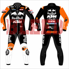 Front and back view of Maverick Viñales 2025 Barcelona Winter Test MotoGP Racing Suit, showcasing bold red and orange graphics with protective knee sliders