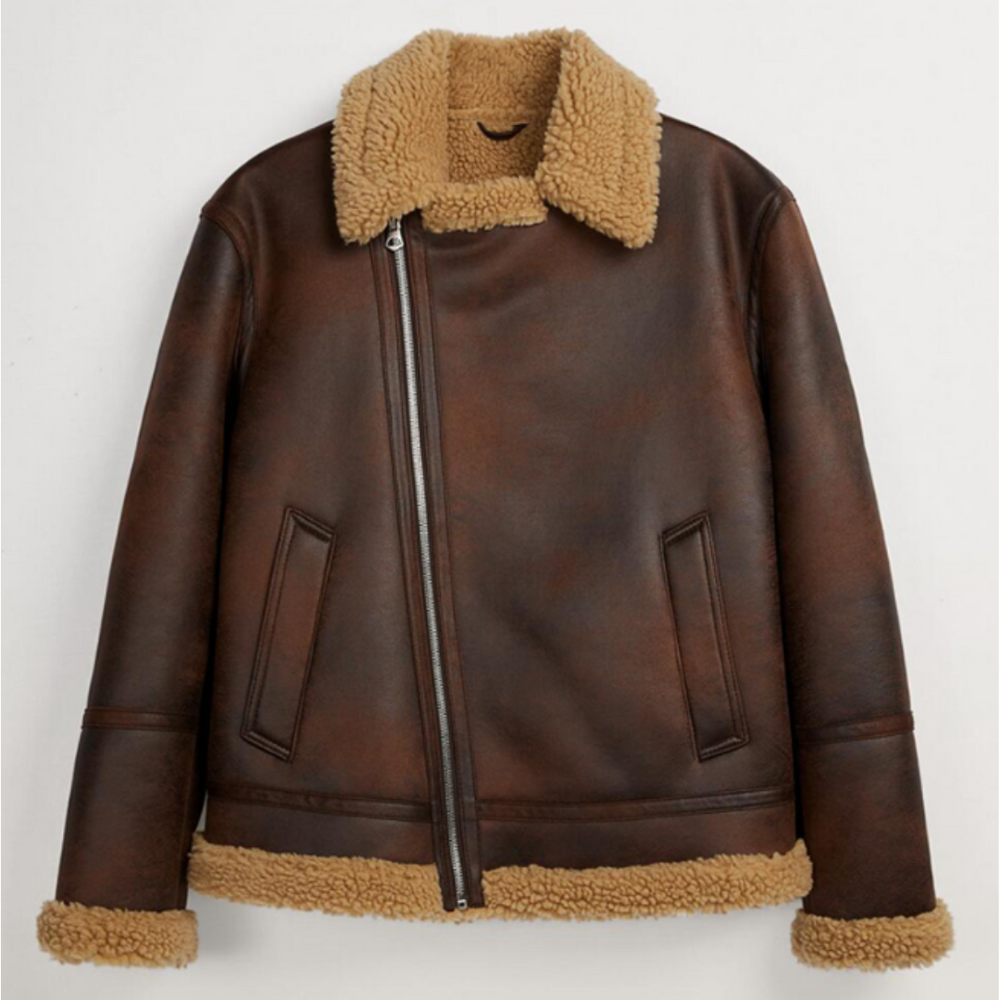 Mens Brown Shearling Aviator Jacket Front