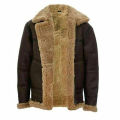 Mens Brown Leather Real Sheepskin Winter Aviator Jacket Front Open