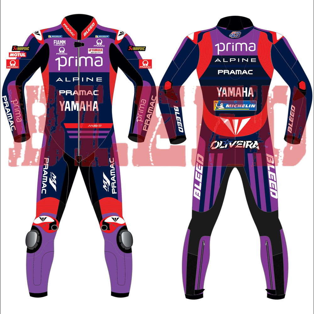 Front and back design of Miguel Oliveira’s Yamaha Prima Pramac MotoGP 2025 race suit showcasing sponsor logos, red shoulder and chest panels, and bold purple legs with white BLEED branding.