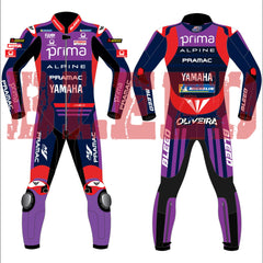 Front and back design of Miguel Oliveira’s Yamaha Prima Pramac MotoGP 2025 race suit showcasing sponsor logos, red shoulder and chest panels, and bold purple legs with white BLEED branding.