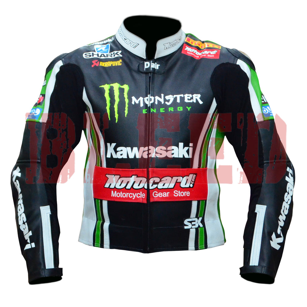 Kawasaki Ninja Motorbike Leather Biker Jacket Front View
