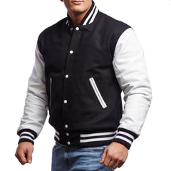 Mens Black White Varsity Jacket Front View