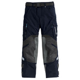 BMW GS Rallye Pro touring motorcycle pants in blue and grey with reinforced knee panels, cargo pockets, and Cordura fabric for adventure riding and long-distance touring