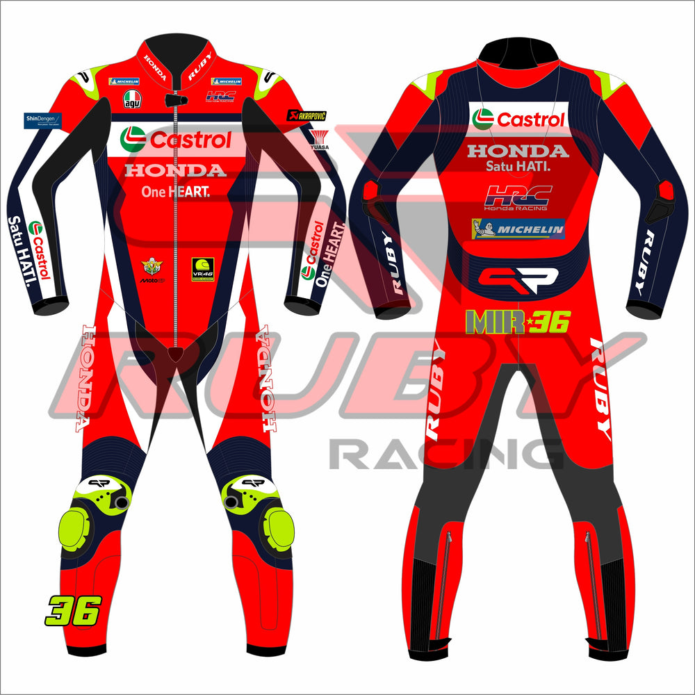 Joan Mir 2025 MotoGP Honda Castrol race suit by BLEED – front and rear views in red and navy leather with number 36, high-visibility green knee sliders, Castrol and Honda One HEART sponsorships, VR46 logo, and BLEED branding on arms and legs. Designed for elite MotoGP racing with full rider personalization.