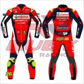 Joan Mir 2025 MotoGP Honda Castrol race suit by BLEED – front and rear views in red and navy leather with number 36, high-visibility green knee sliders, Castrol and Honda One HEART sponsorships, VR46 logo, and BLEED branding on arms and legs. Designed for elite MotoGP racing with full rider personalization.