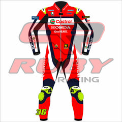 Front profile of Joan Mir’s 2025 MotoGP Castrol Honda race suit in signature red, navy, and white, showcasing prominent Honda and Castrol logos, number 36, VR46 patch, and BLEED branding on the collar and sleeves. Built for professional circuit racing with reinforced sliders and a performance-focused cut.