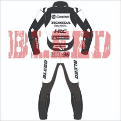 Rear profile of the Joan Mir 2025 MotoGP test race suit by BLEED, highlighting sponsor logos from Castrol, Honda HRC, and Michelin, with number 36 and BLEED branding on the arms and legs in a clean monochrome theme.