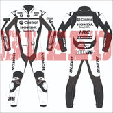 Joan Mir 2025 Honda Castrol MotoGP test race suit by BLEED – black and white leather suit featuring number 36, sponsor logos from Castrol, Honda, HRC, and Michelin, with BLEED branding on arms, legs, and collar. Shown from front and rear for full design visibility.