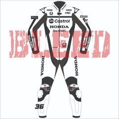 Front view of BLEED-branded Joan Mir 2025 Honda Castrol test MotoGP leather race suit in a sleek black and white design with number 36, bold Honda and Castrol sponsor logos, and armored knee sliders.
