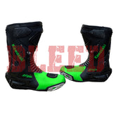 Front angled view of Kawasaki Ninja racing motorcycle boots with TPU armor, vented shin protection, and durable shift pads for track-ready control.