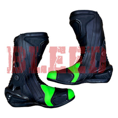Side view of Kawasaki Ninja green black motorbike leather boots showcasing aerodynamic design, reinforced shin panels, and high-grip racing soles.