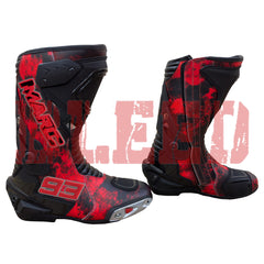 Side view of Ducati 93 Marc Márquez motorcycle boots crafted in red and black leather for ultimate rider protection.