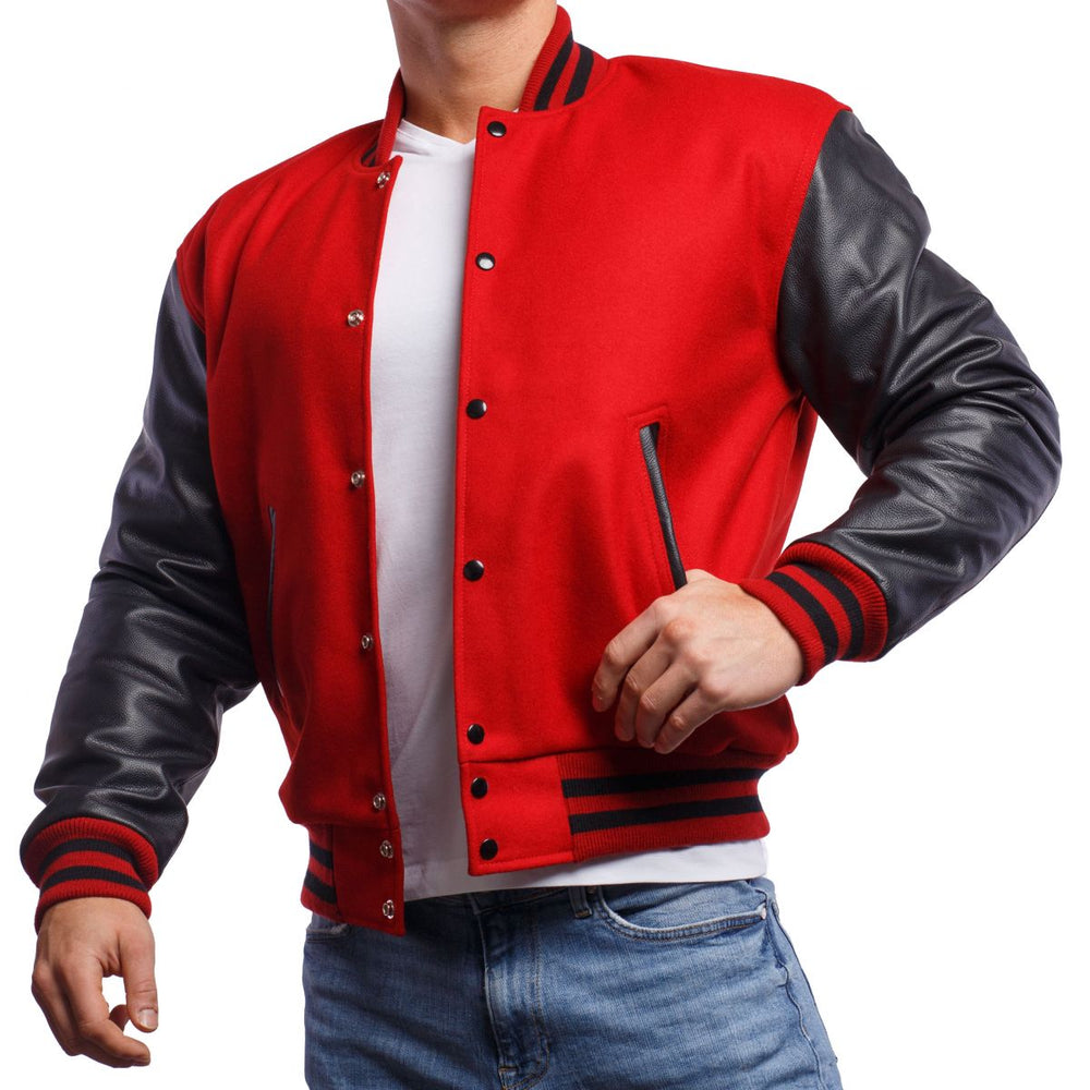 A man wearing a red and black varsity jacket with leather sleeves and a white t-shirt, standing against a white background.