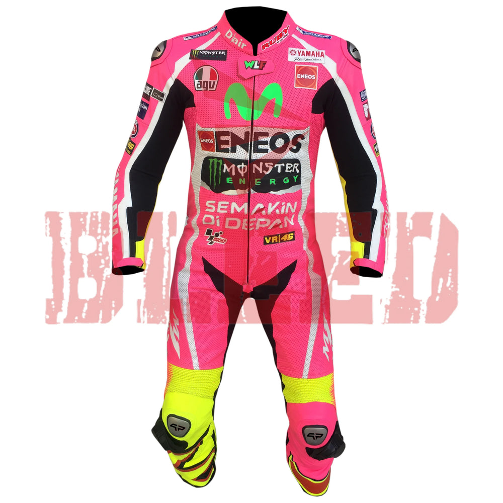 Rossi Pink Motorbike Leather Racing Suit Front View