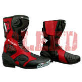 Front and side view of Suzuki red and black motorbike racing boots made from premium leather with shin and ankle protection for professional riders.