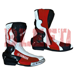 Pair of Yamaha leather motorcycle boots in red, white, and black showing full racing protection and premium finish.